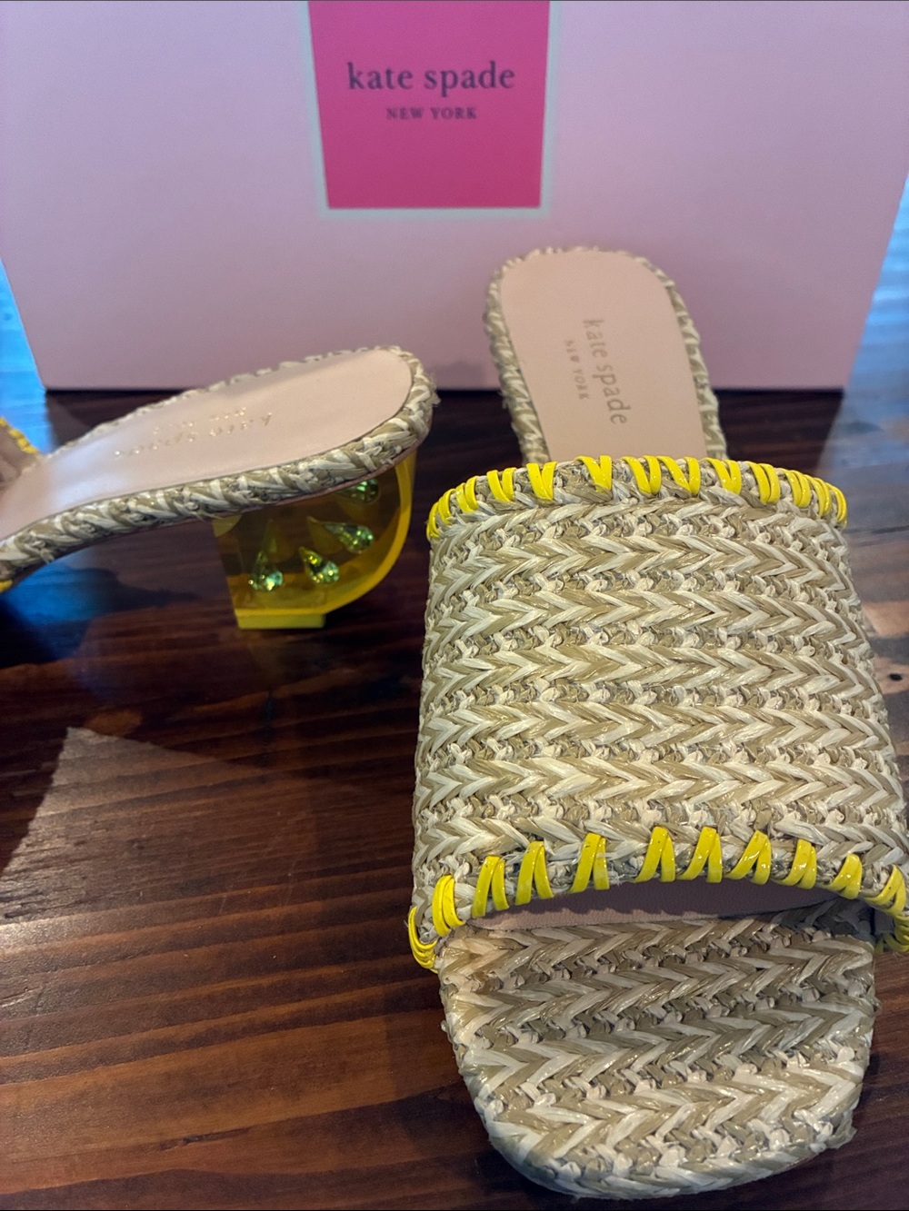 kate spade Natural Woven Slide Mules with Yellow Trim